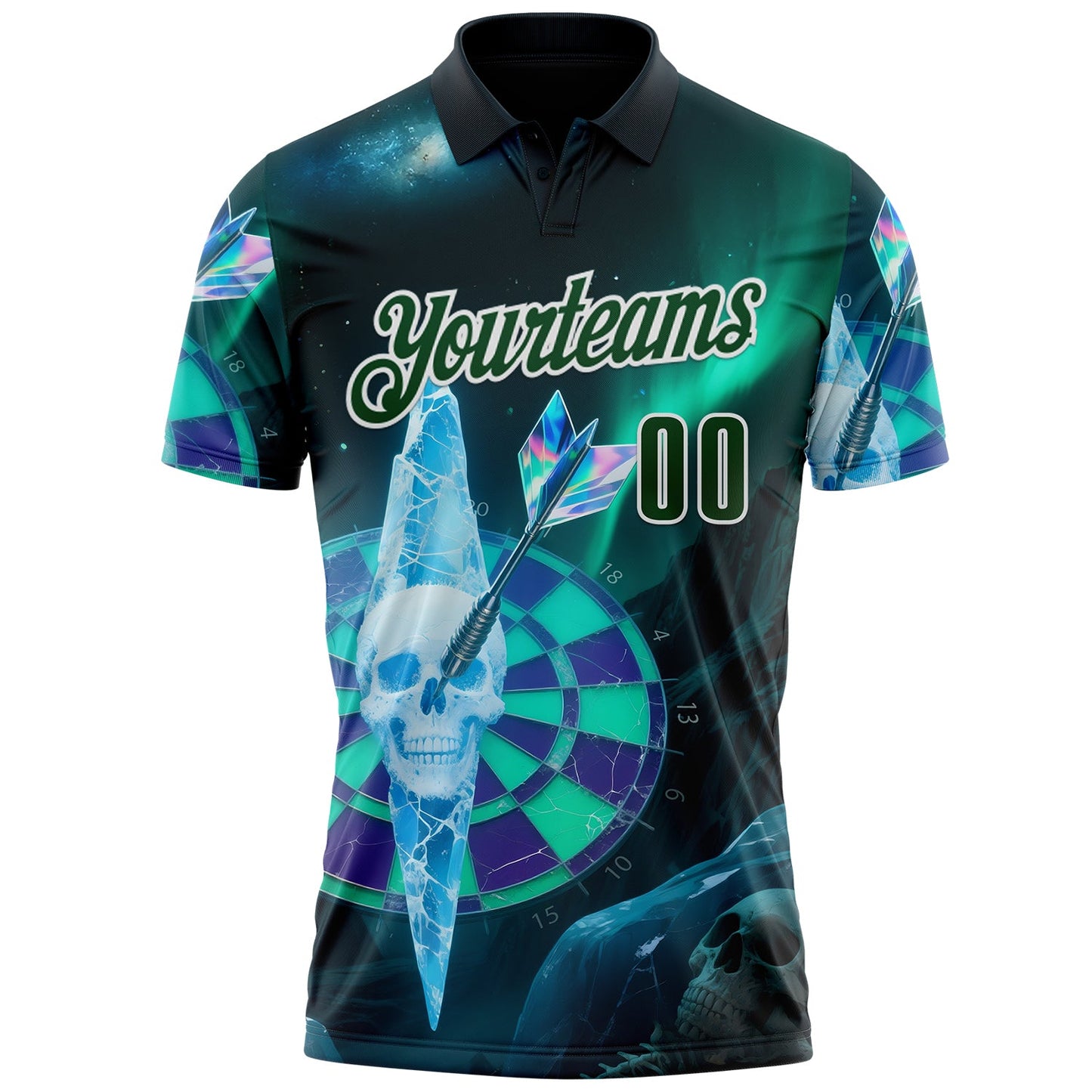 Custom Green-White Darts Aurora Skull Dartboard Performance Polo Shirt
