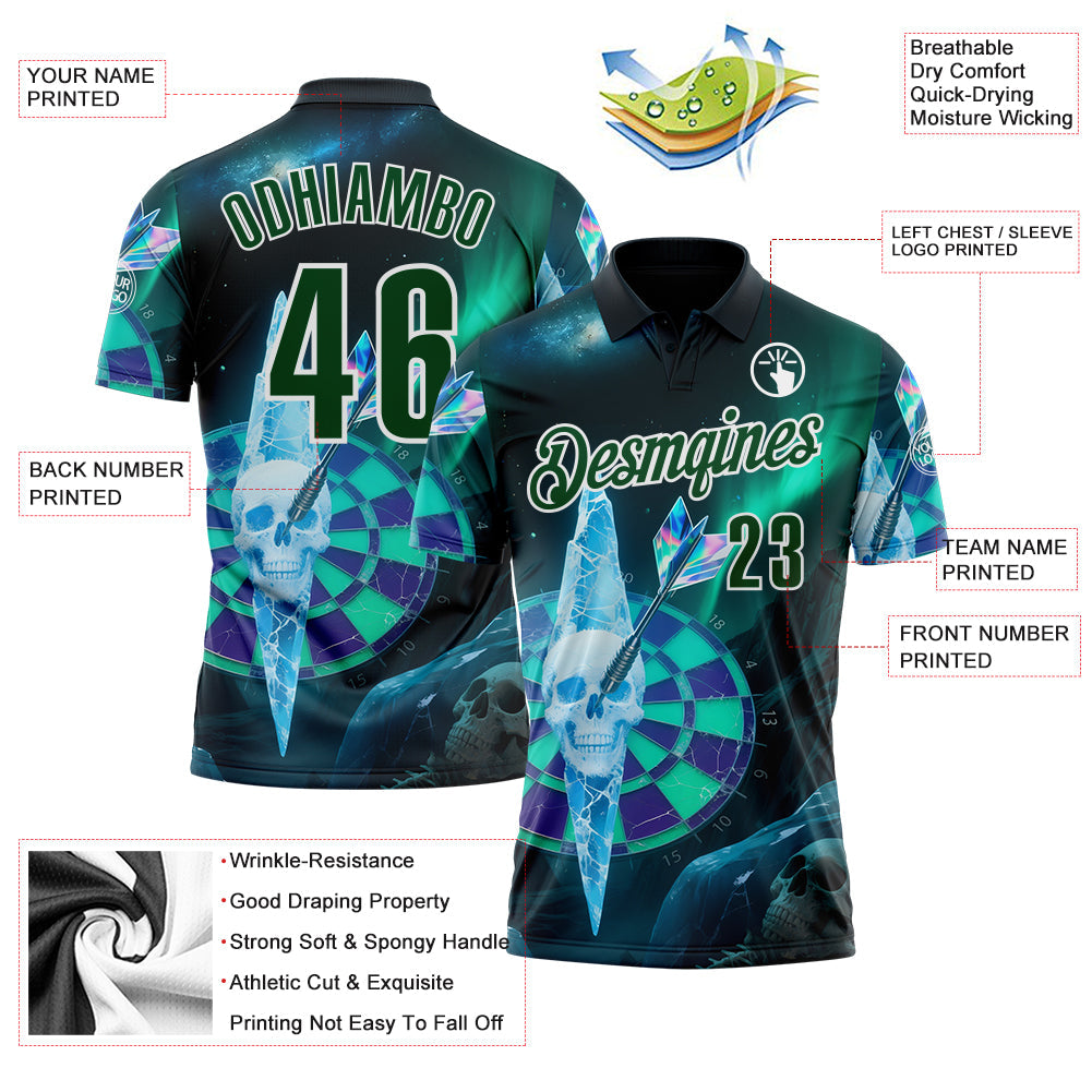Custom Green-White Darts Aurora Skull Dartboard Performance Polo Shirt