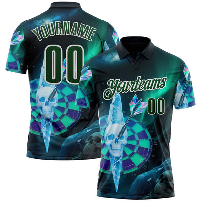 Custom Green-White Darts Aurora Skull Dartboard Performance Polo Shirt