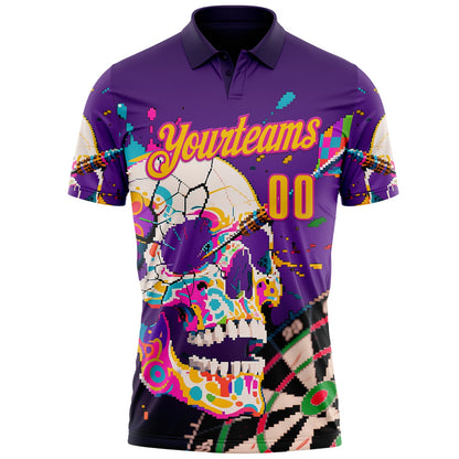 Custom Purple Yellow-Deep Pink Darts Chromatic Splash Skull Dartboard Performance Polo Shirt