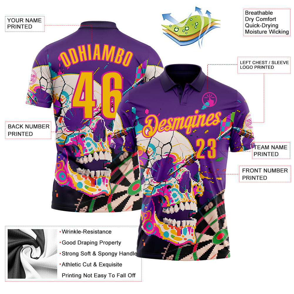 Custom Purple Yellow-Deep Pink Darts Chromatic Splash Skull Dartboard Performance Polo Shirt