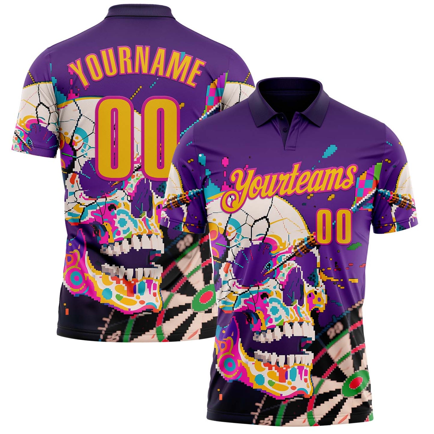 Custom Purple Yellow-Deep Pink Darts Chromatic Splash Skull Dartboard Performance Polo Shirt