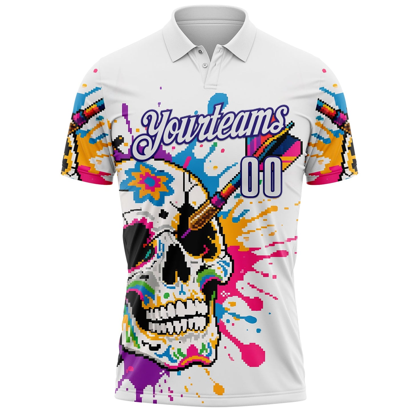 Custom White-Dark Purple Darts Chromatic Splash Skull Dartboard Performance Polo Shirt