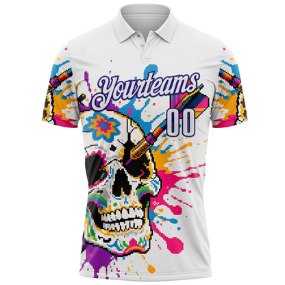 Custom White-Dark Purple Darts Chromatic Splash Skull Dartboard Performance Polo Shirt
