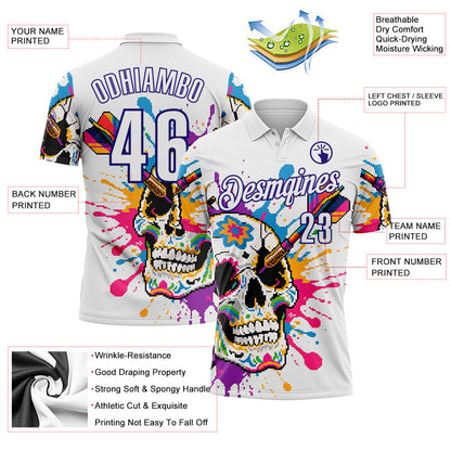 Custom White-Dark Purple Darts Chromatic Splash Skull Dartboard Performance Polo Shirt