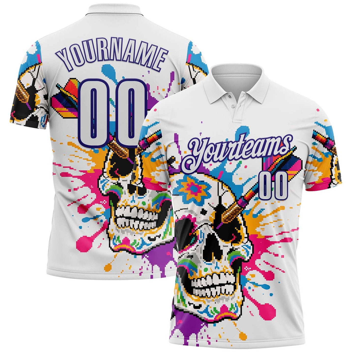 Custom White-Dark Purple Darts Chromatic Splash Skull Dartboard Performance Polo Shirt