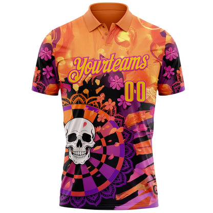 Custom Orange Yellow-Deep Pink Darts Flora Skull Dartboard Performance Polo Shirt