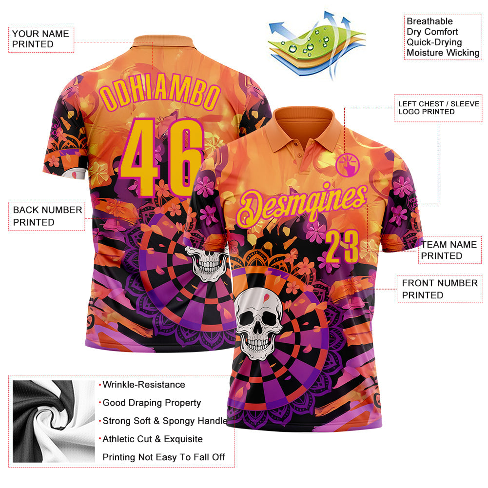 Custom Orange Yellow-Deep Pink Darts Flora Skull Dartboard Performance Polo Shirt