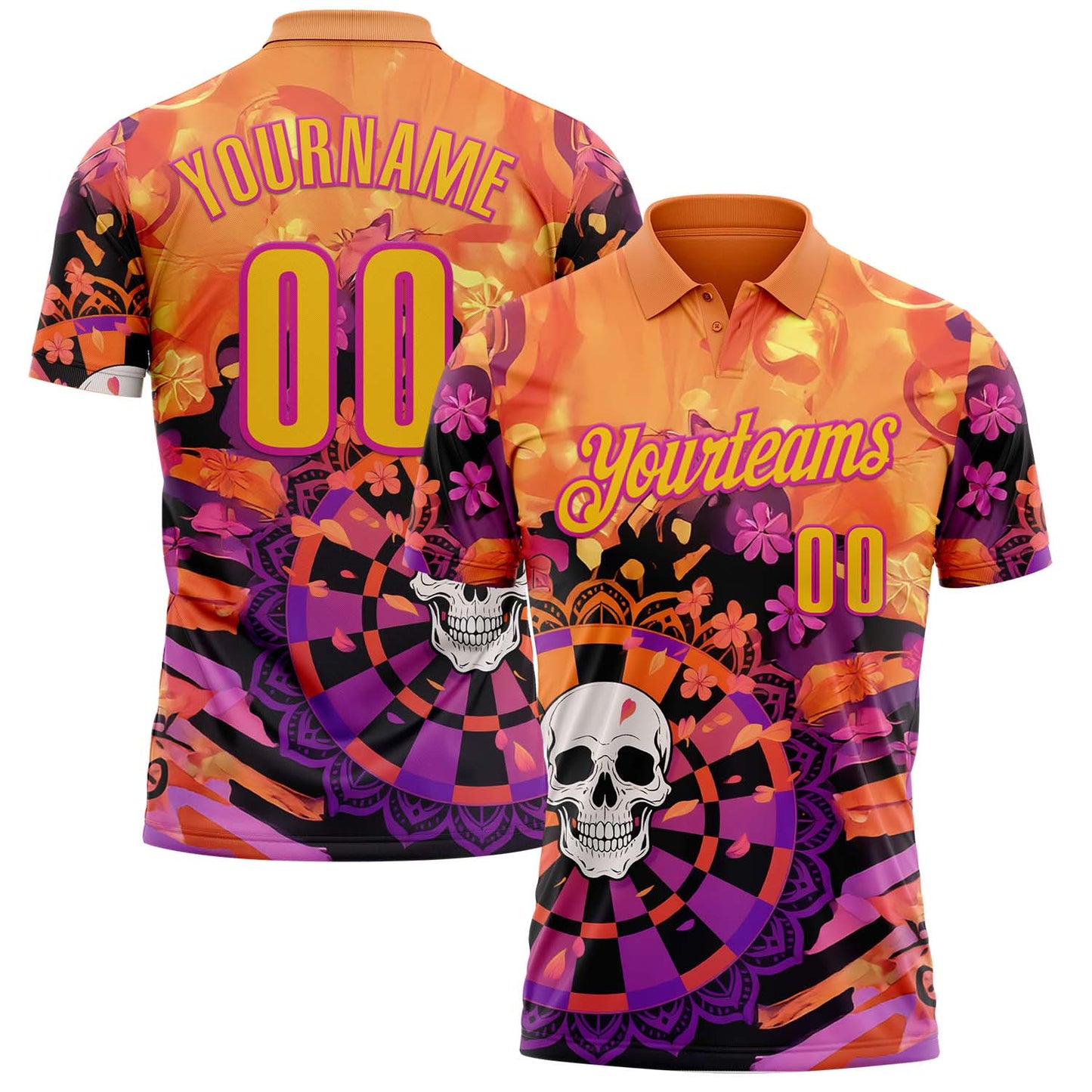 Custom Orange Yellow-Deep Pink Darts Flora Skull Dartboard Performance Polo Shirt
