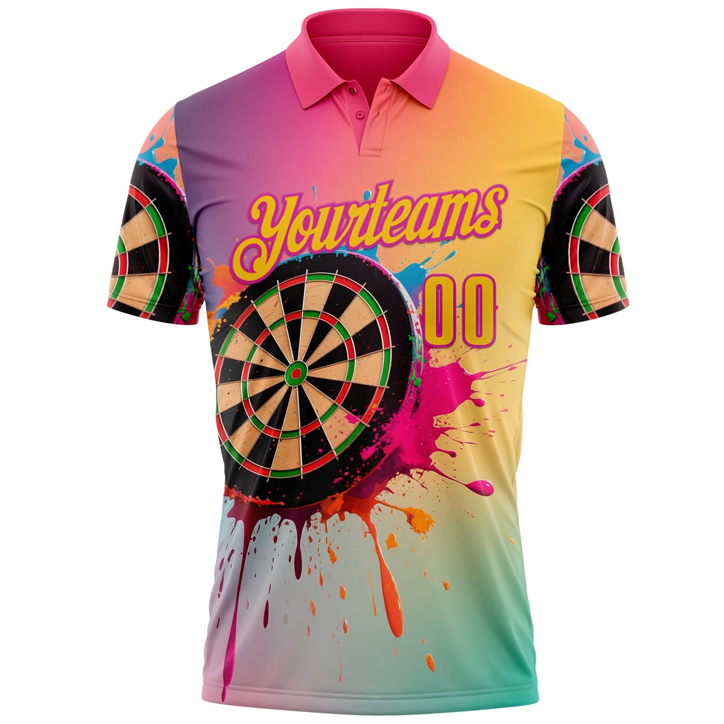 Custom Deep Pink-Yellow Darts Chromatic Splash Gradient Dartboard Performance Polo Shirt
