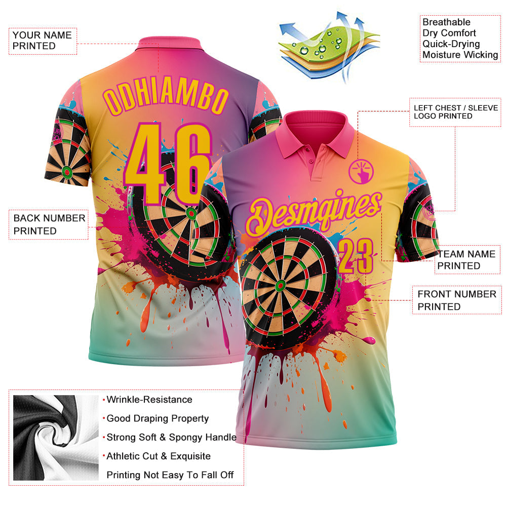 Custom Deep Pink-Yellow Darts Chromatic Splash Gradient Dartboard Performance Polo Shirt