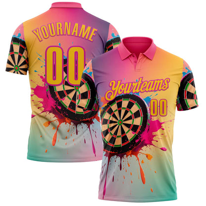 Custom Deep Pink-Yellow Darts Chromatic Splash Gradient Dartboard Performance Polo Shirt