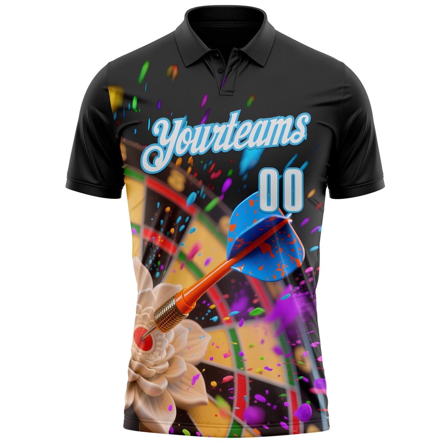 Custom Black White-Sky Blue Darts Splash Flora Lotus Dartboard Performance Polo Shirt