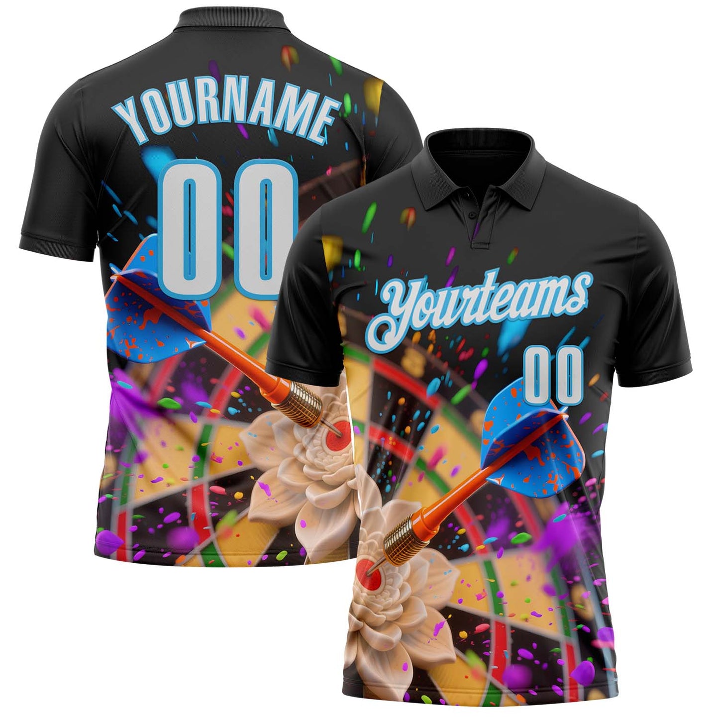 Custom Black White-Sky Blue Darts Splash Flora Lotus Dartboard Performance Polo Shirt