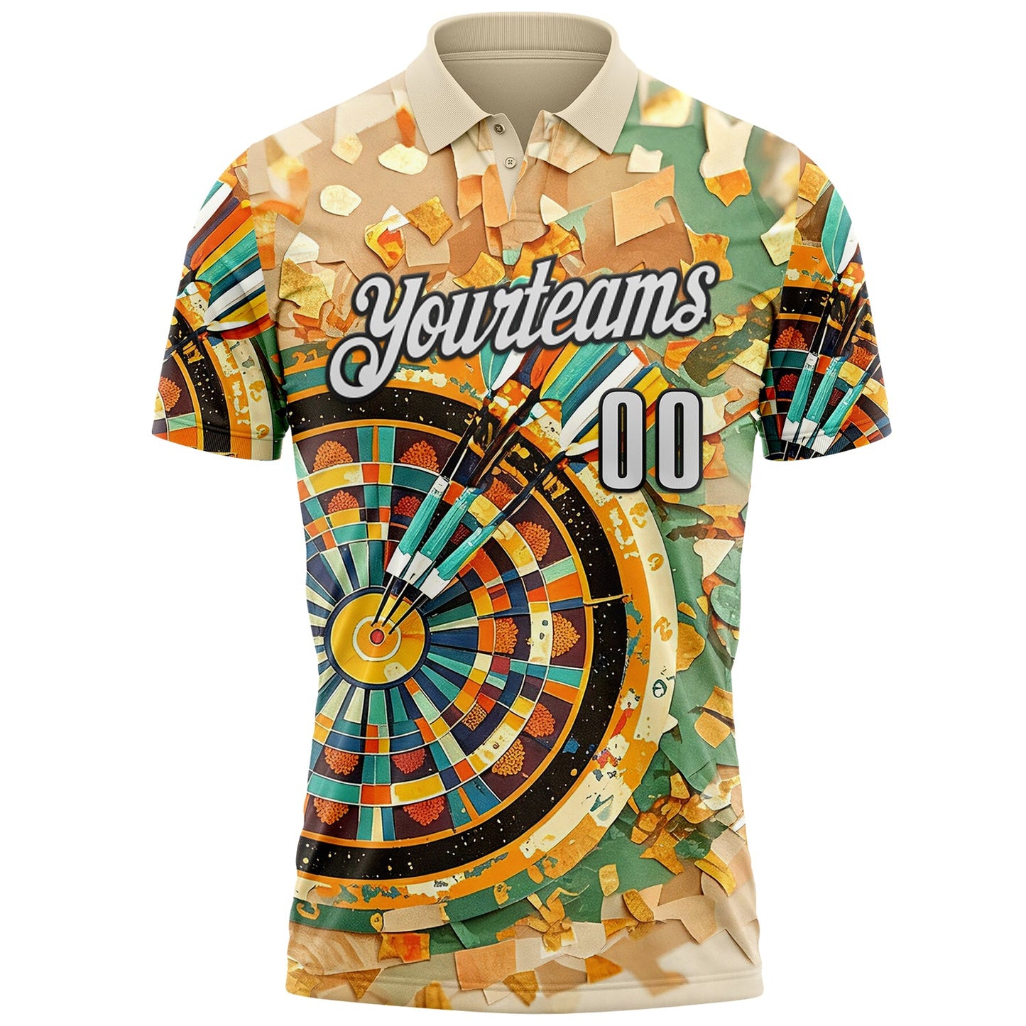 Custom Cream White-Black Darts Chromatic Dartboard Performance Polo Shirt