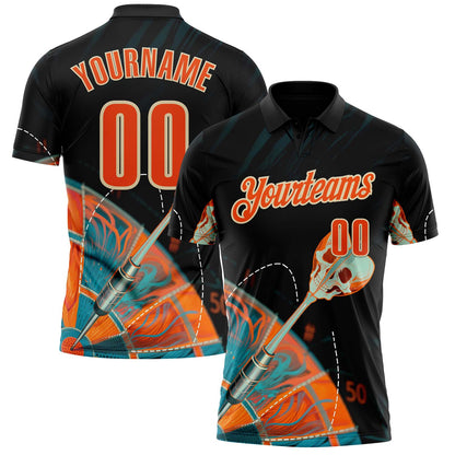 Custom Black Orange-Cream Darts Skull Dartboard Performance Polo Shirt