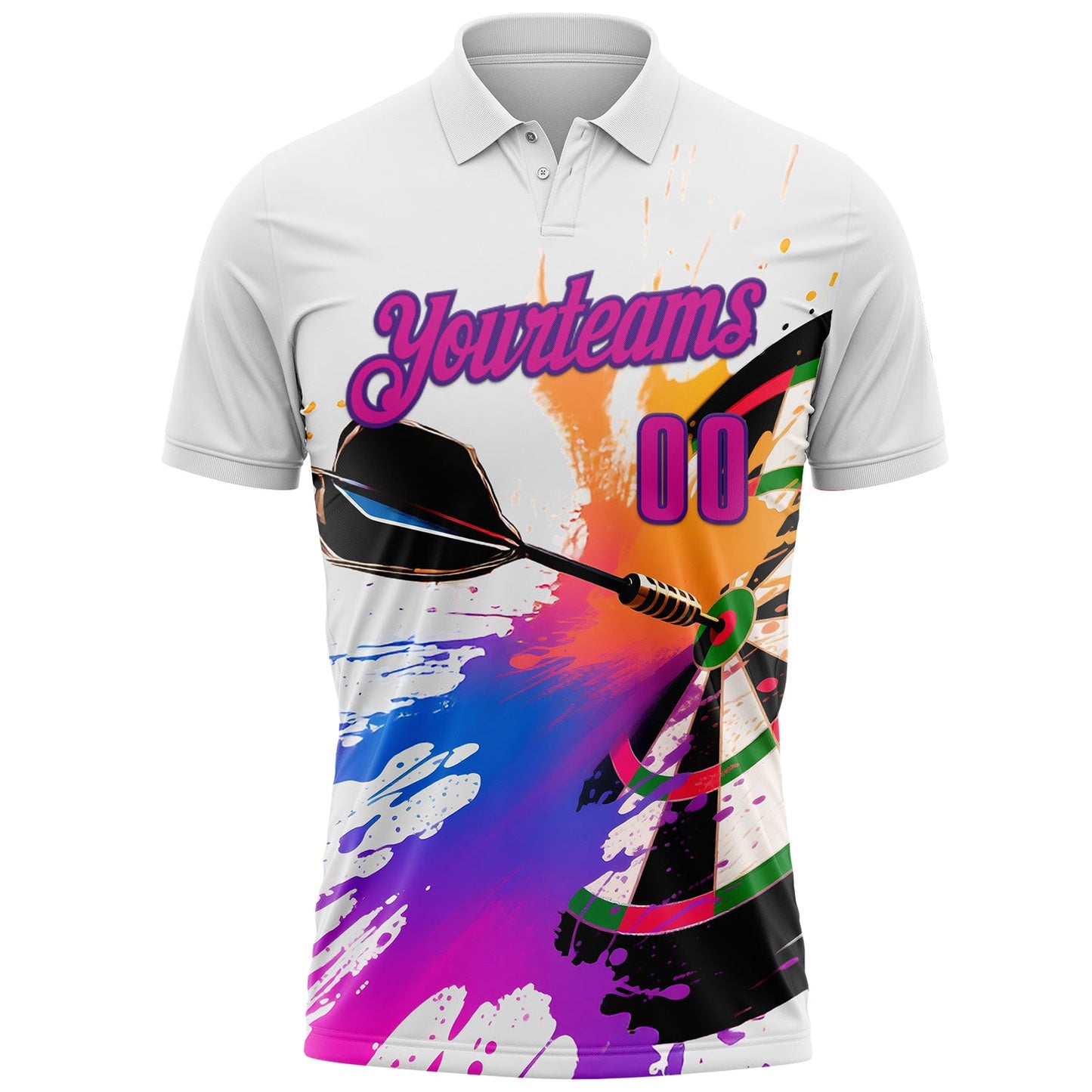 Custom White Deep Pink-Purple Darts Chromatic Splash Dartboard Performance Polo Shirt