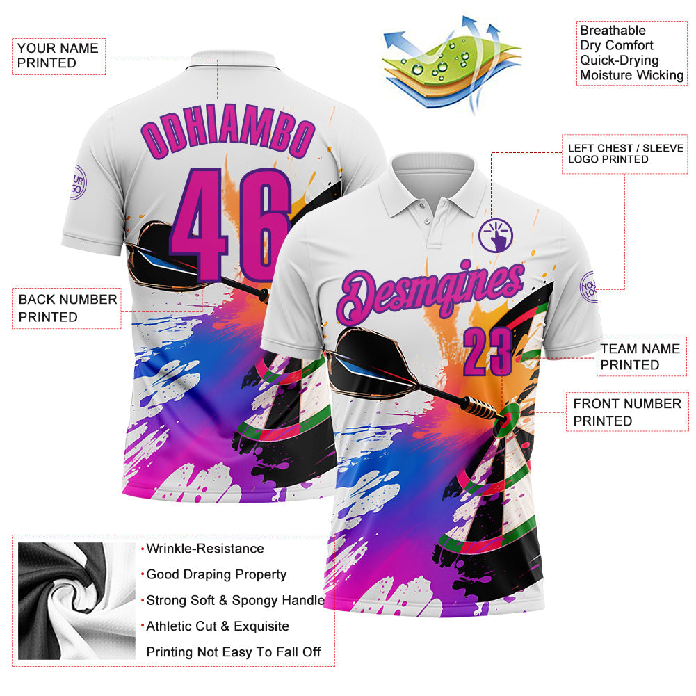 Custom White Deep Pink-Purple Darts Chromatic Splash Dartboard Performance Polo Shirt