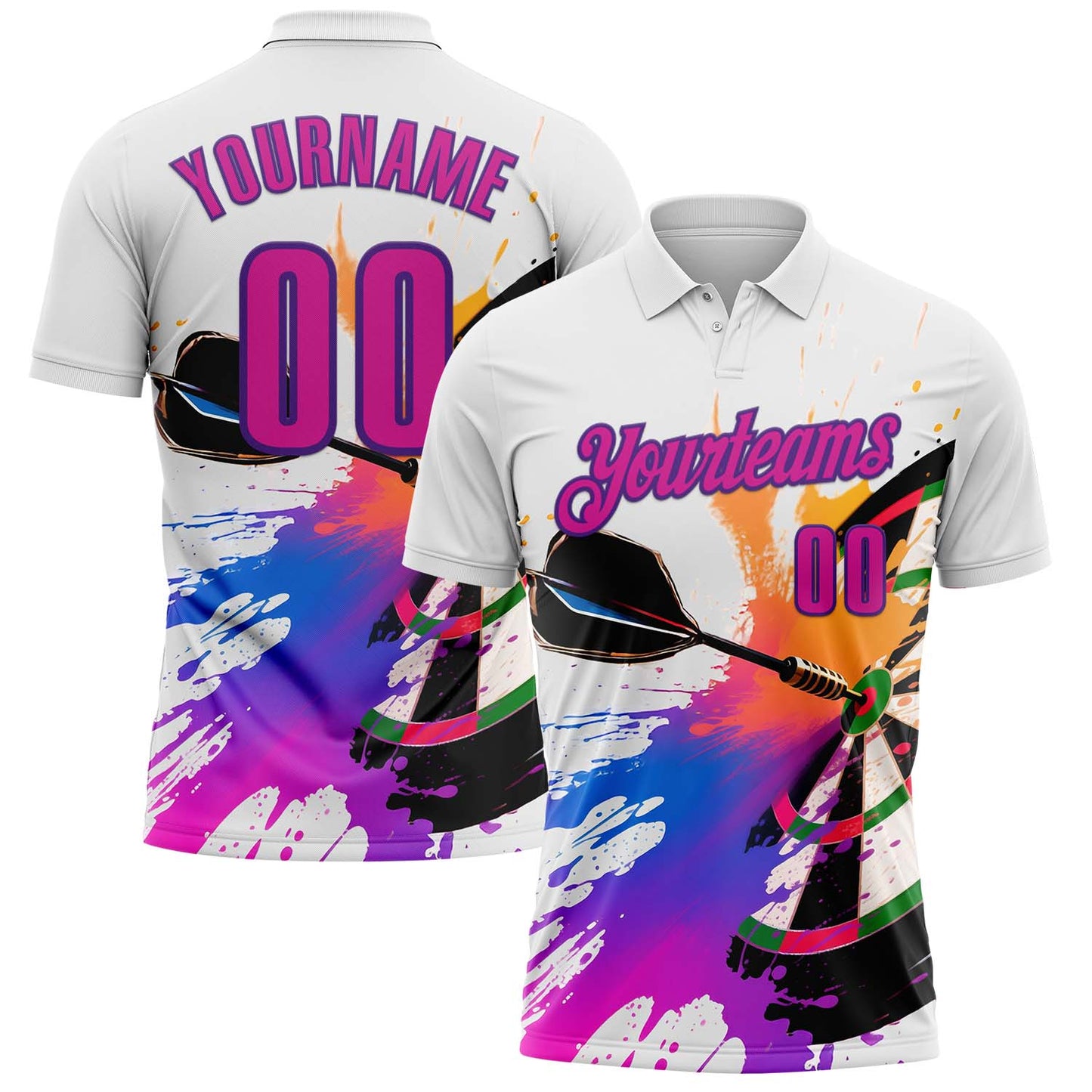Custom White Deep Pink-Purple Darts Chromatic Splash Dartboard Performance Polo Shirt
