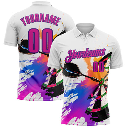 Custom White Deep Pink-Purple Darts Chromatic Splash Dartboard Performance Polo Shirt