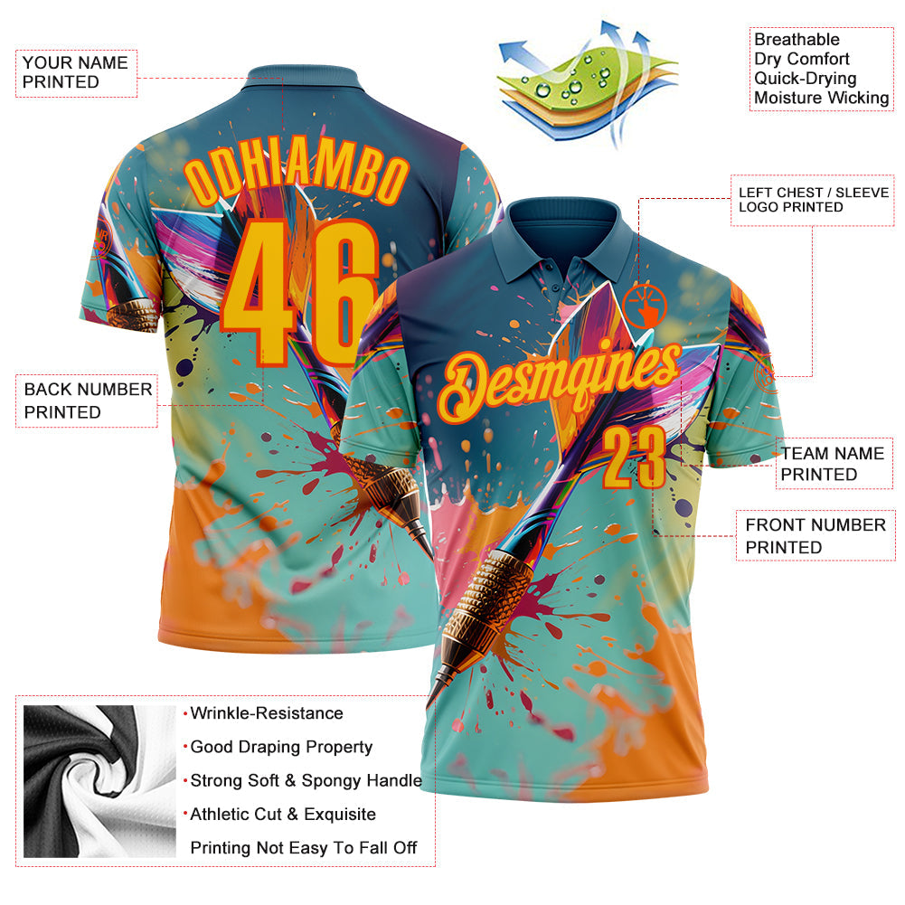 Custom Green Yellow-Orange Darts Splash Performance Polo Shirt