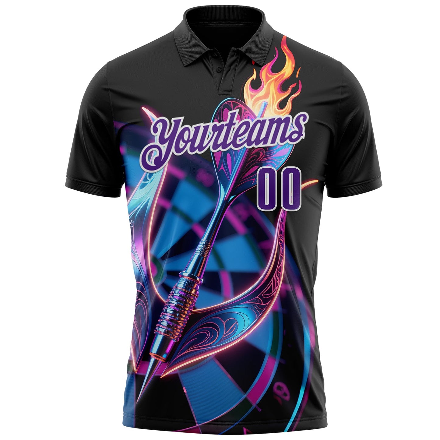 Custom Black Purple-White Darts Flame Dartboard Performance Polo Shirt