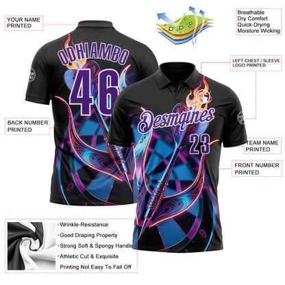 Custom Black Purple-White Darts Flame Dartboard Performance Polo Shirt