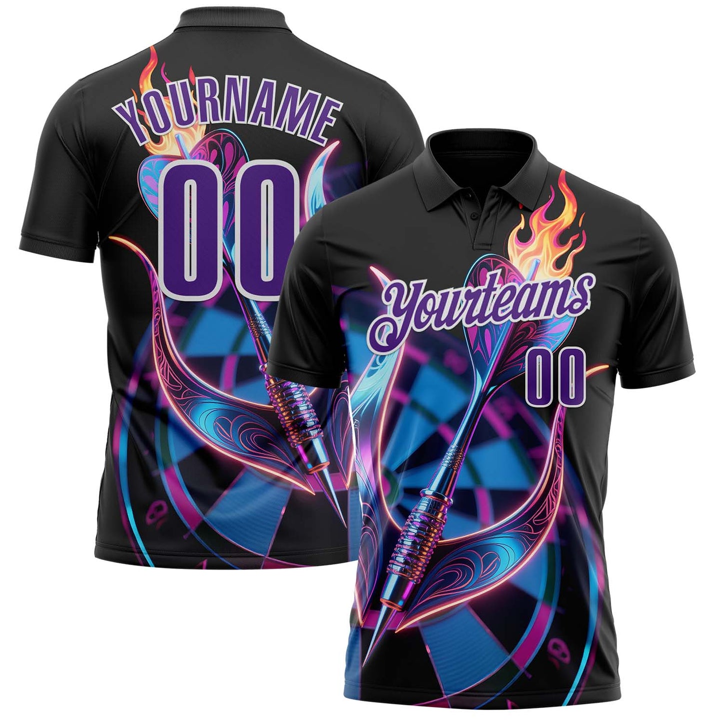 Custom Black Purple-White Darts Flame Dartboard Performance Polo Shirt