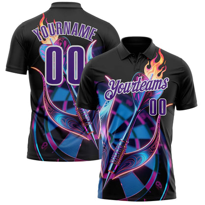 Custom Black Purple-White Darts Flame Dartboard Performance Polo Shirt
