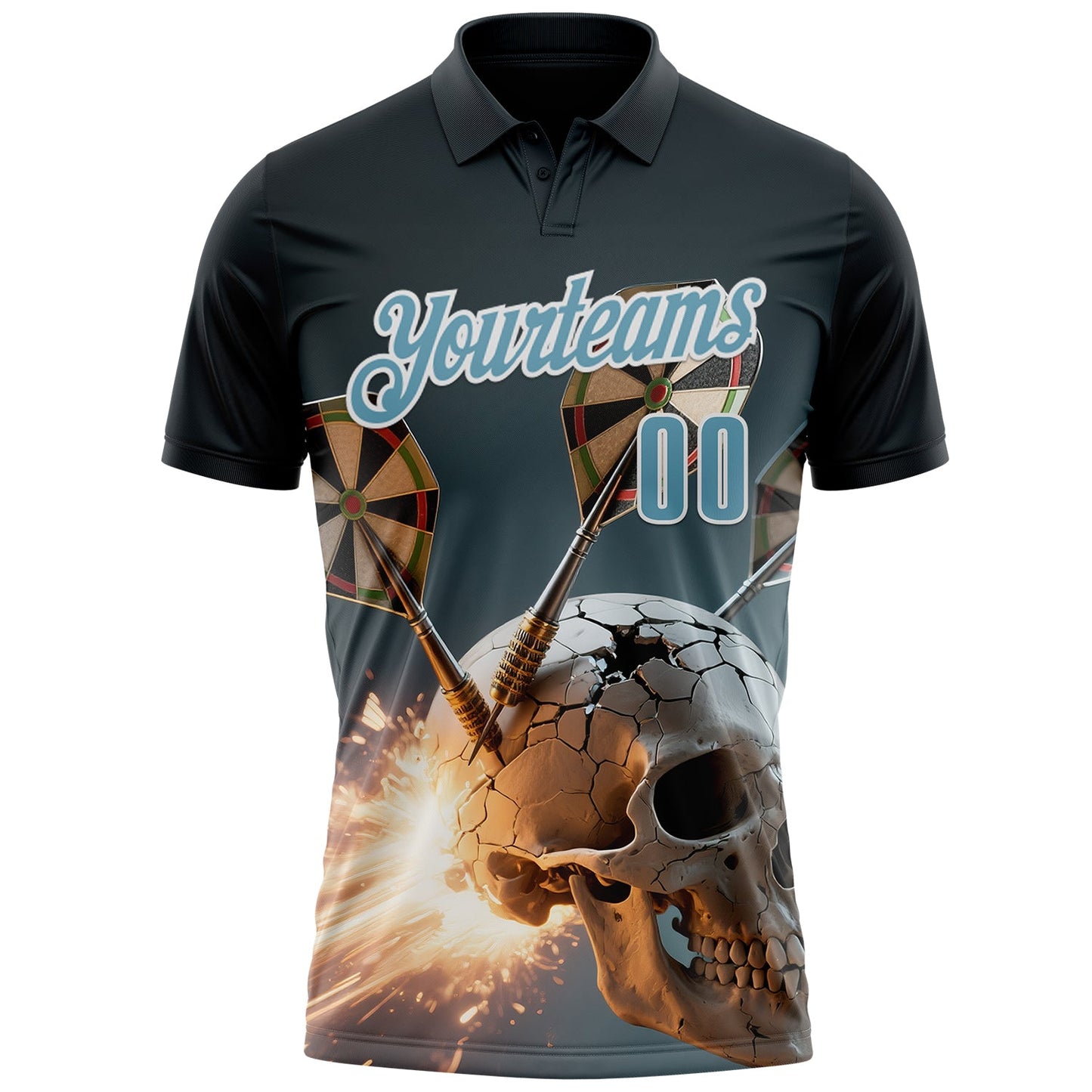 Custom Black Shadow Blue-White Darts Skull Dartboard Performance Polo Shirt