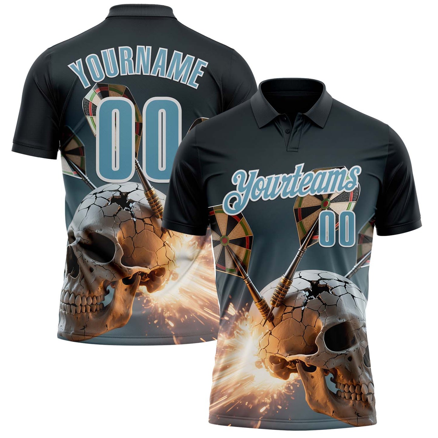 Custom Black Shadow Blue-White Darts Skull Dartboard Performance Polo Shirt