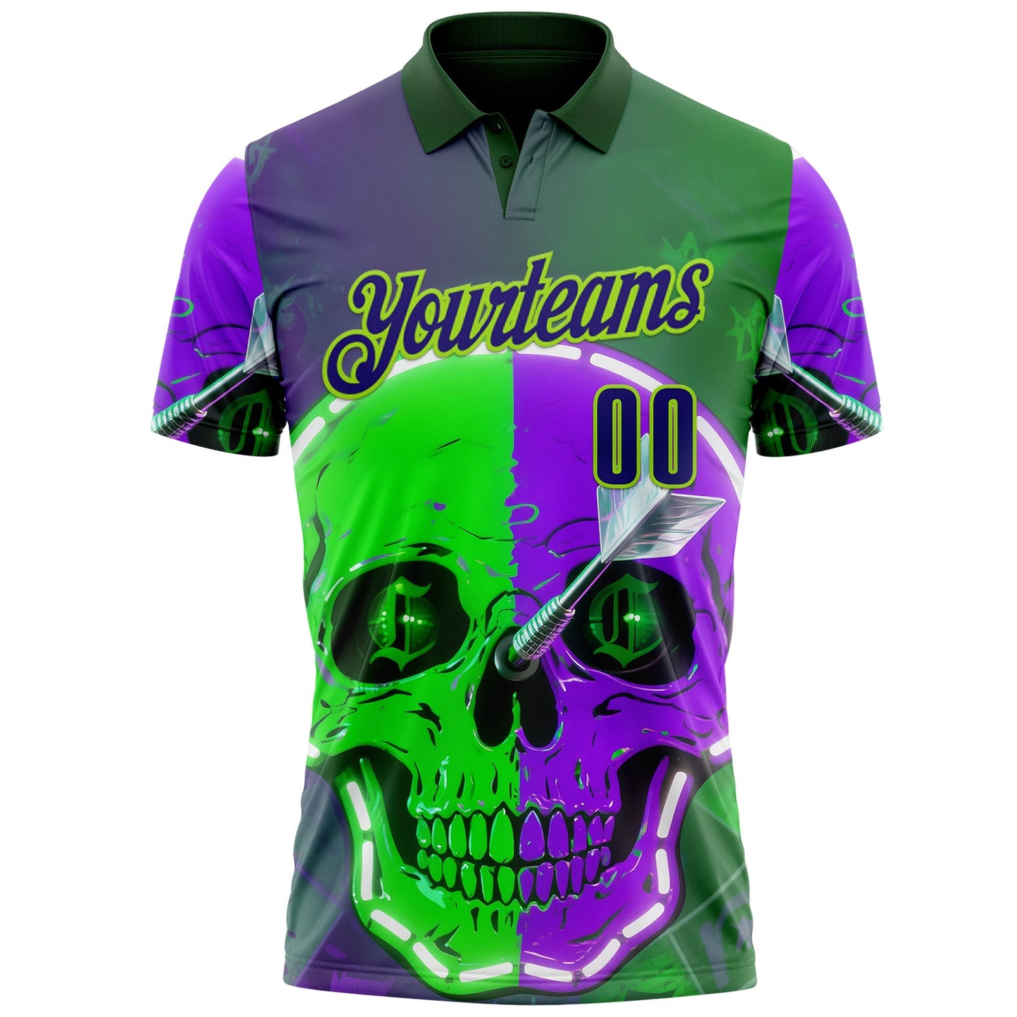 Custom Green Dark Purple-Neon Green Darts Two Tone Skull Dartboard Performance Polo Shirt