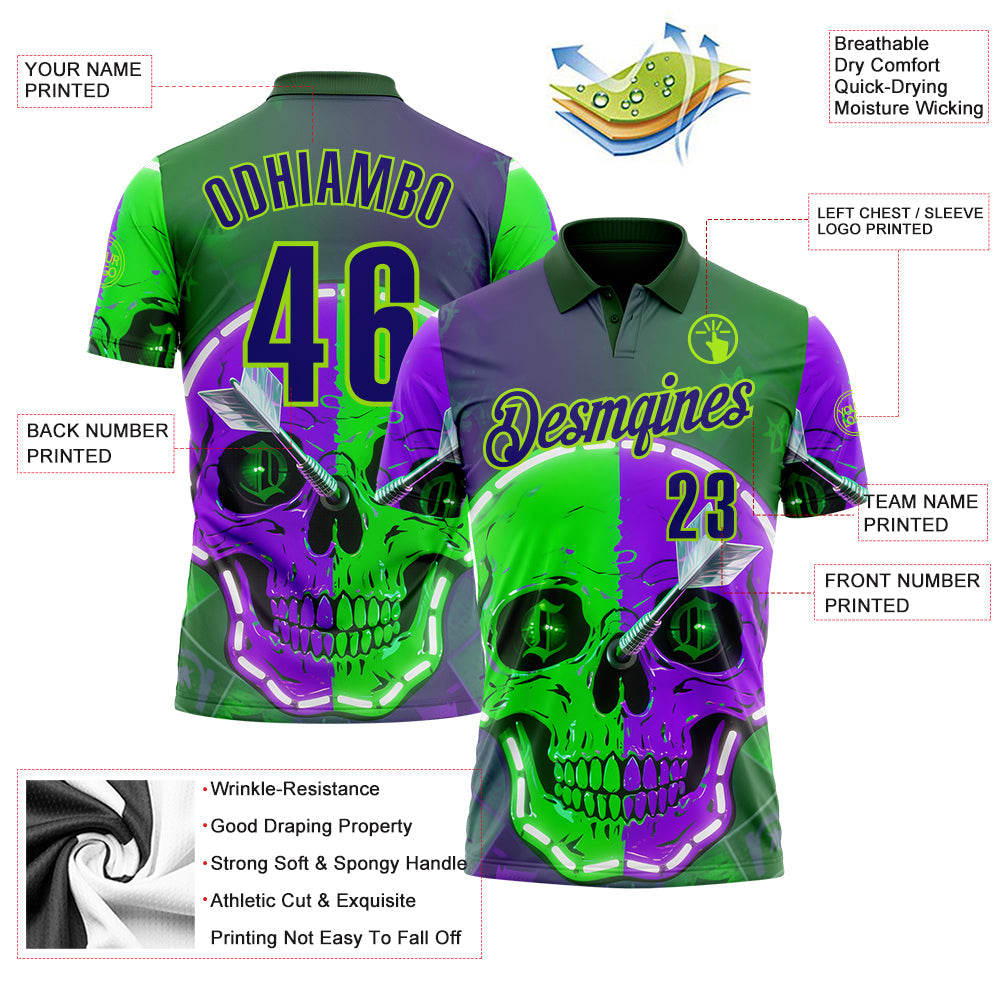 Custom Green Dark Purple-Neon Green Darts Two Tone Skull Dartboard Performance Polo Shirt