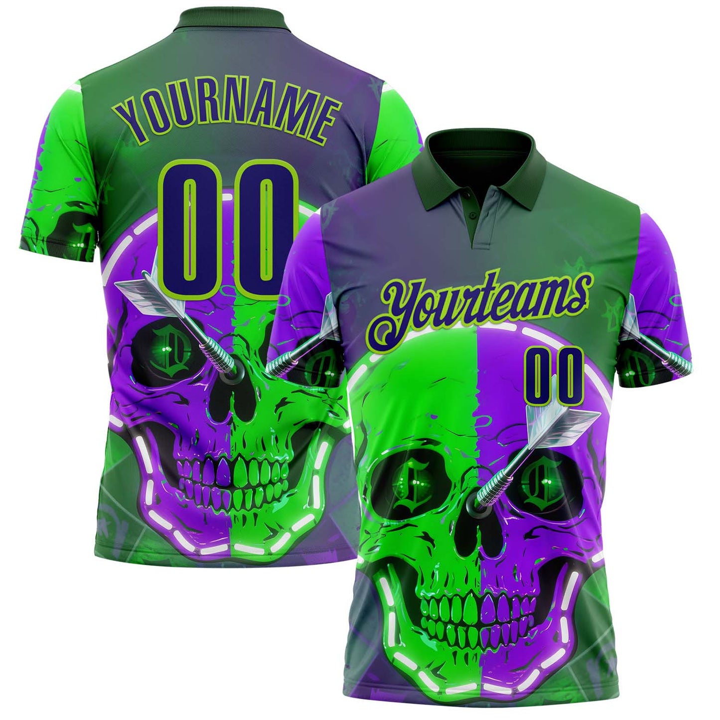 Custom Green Dark Purple-Neon Green Darts Two Tone Skull Dartboard Performance Polo Shirt