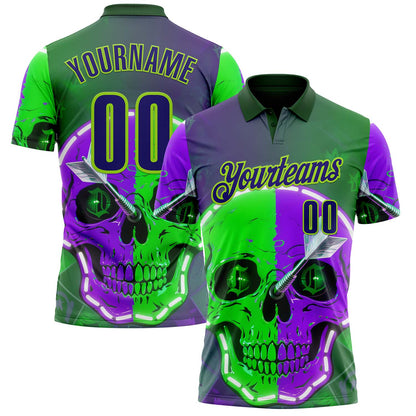 Custom Green Dark Purple-Neon Green Darts Two Tone Skull Dartboard Performance Polo Shirt