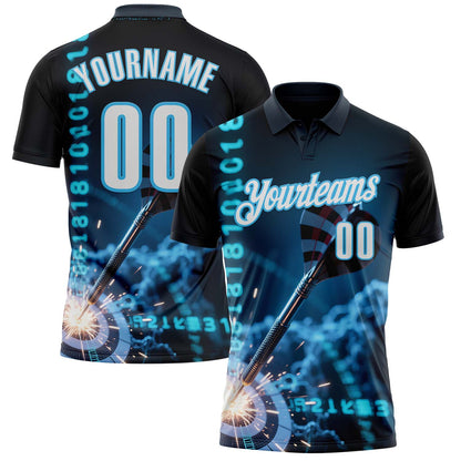 Custom Navy White-Sky Blue Darts Cyberpunk Dartboard Performance Polo Shirt