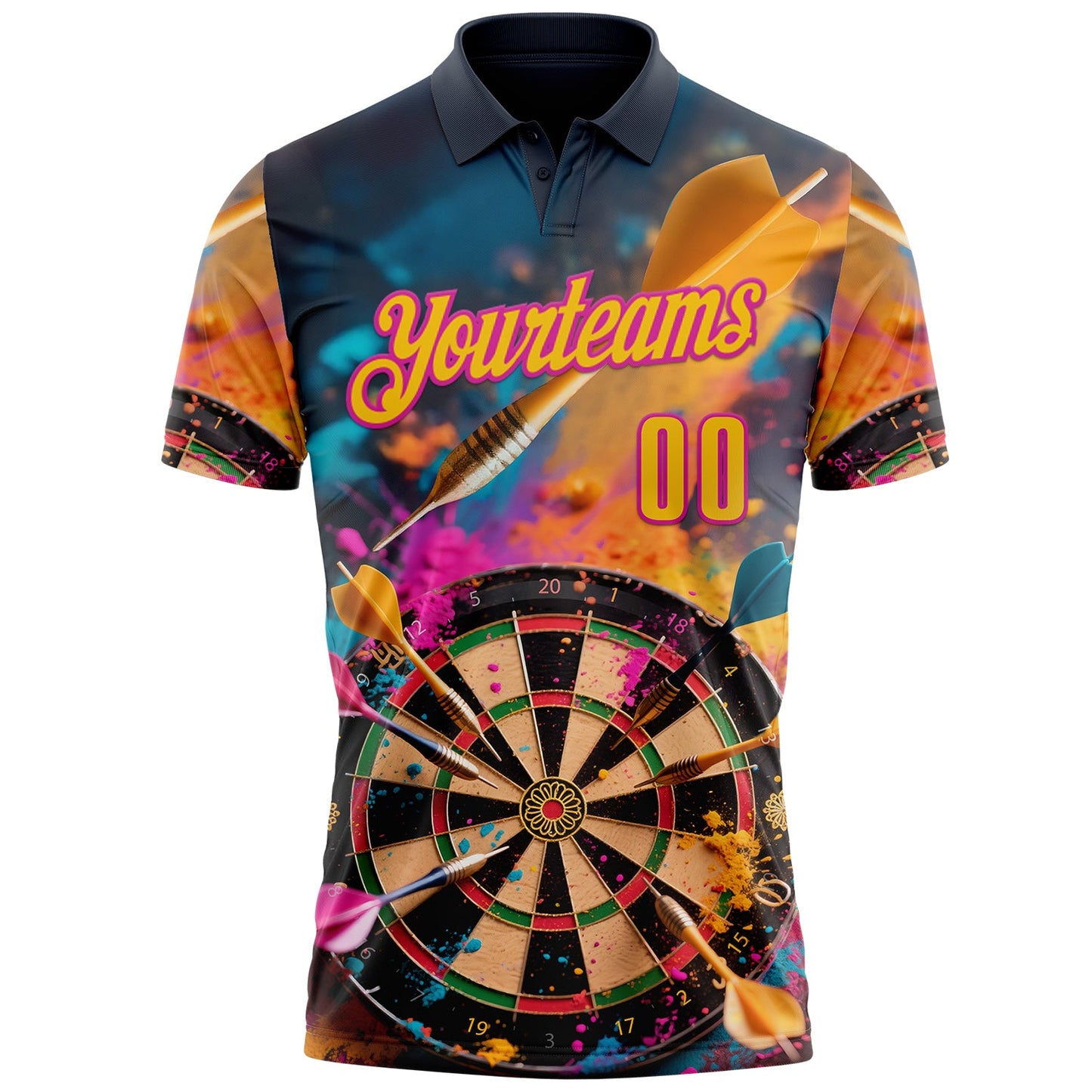 Custom Navy Yellow-Deep Pink Darts Chromatic Splash Dartboard Performance Polo Shirt