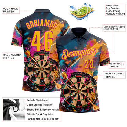 Custom Navy Yellow-Deep Pink Darts Chromatic Splash Dartboard Performance Polo Shirt