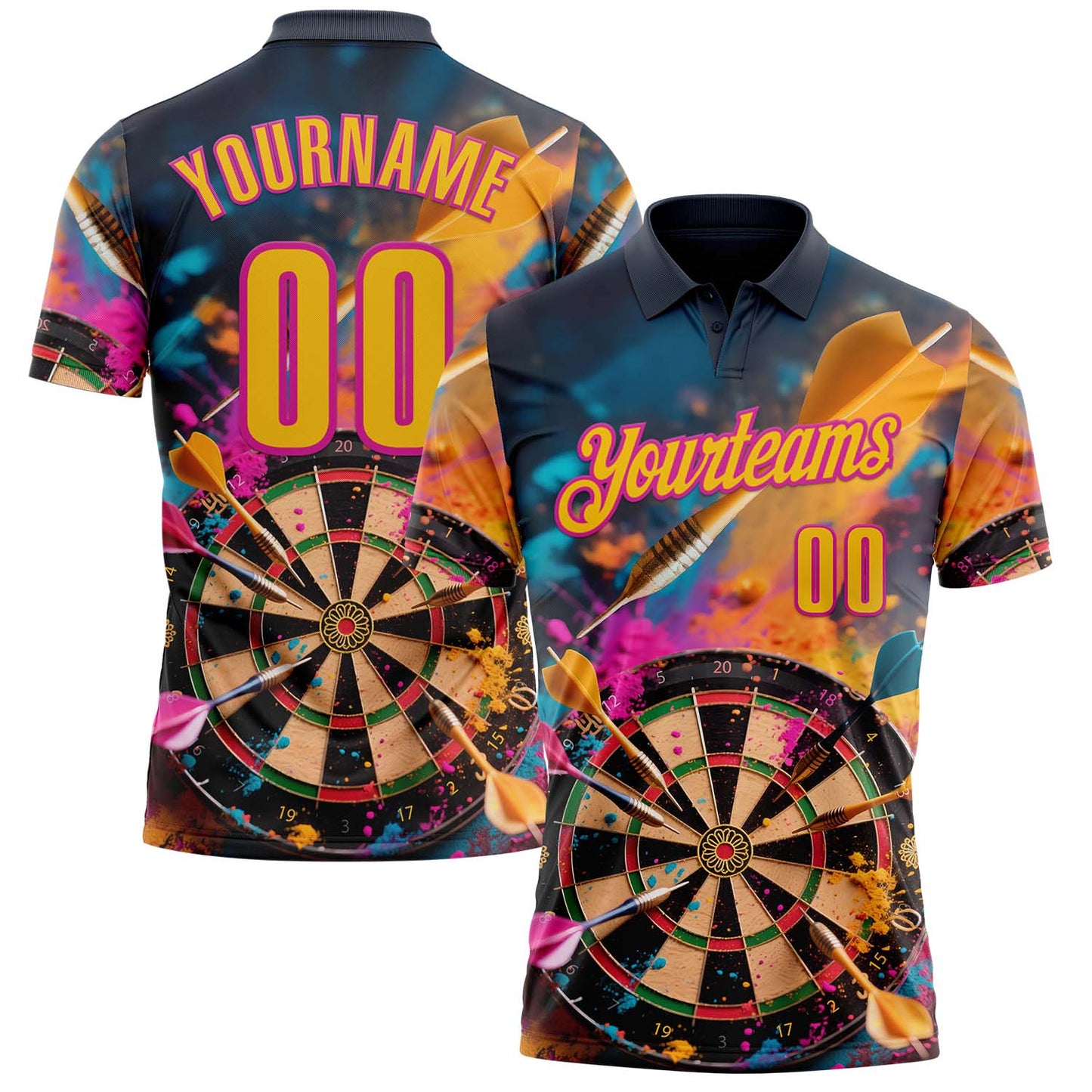 Custom Navy Yellow-Deep Pink Darts Chromatic Splash Dartboard Performance Polo Shirt