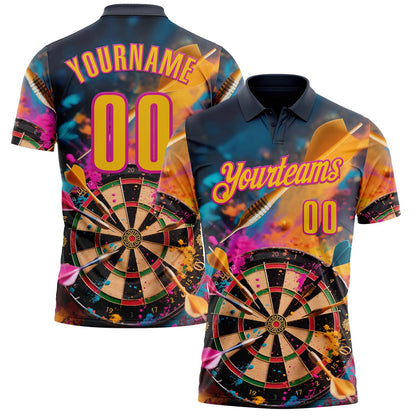 Custom Navy Yellow-Deep Pink Darts Chromatic Splash Dartboard Performance Polo Shirt