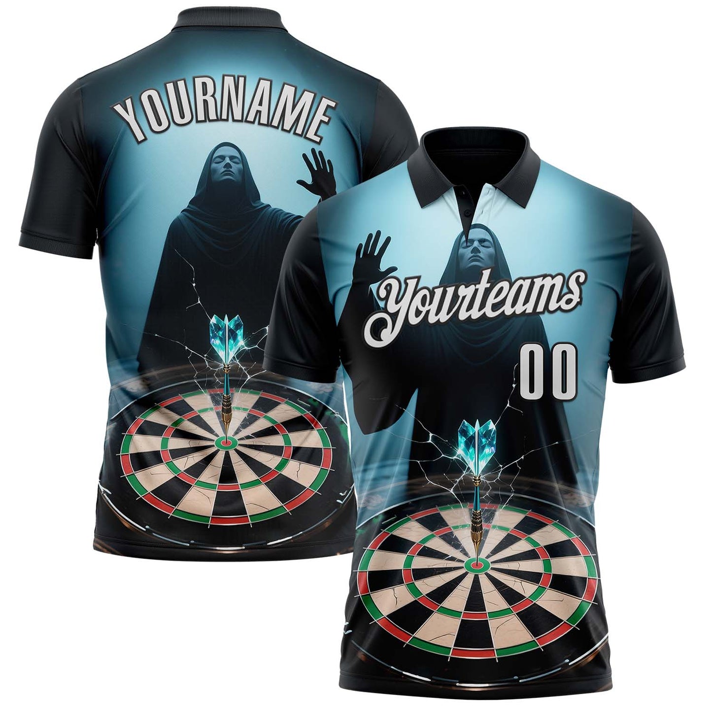 Custom Blue White-Black Darts Magic Dartboard Performance Polo Shirt