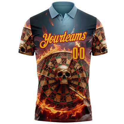 Custom Blue Yellow-Red Darts Leopard Flame Skull Dartboard Performance Polo Shirt