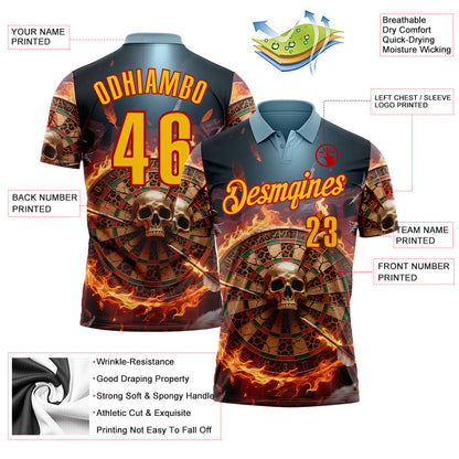 Custom Blue Yellow-Red Darts Leopard Flame Skull Dartboard Performance Polo Shirt