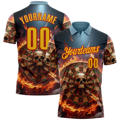 Custom Blue Yellow-Red Darts Leopard Flame Skull Dartboard Performance Polo Shirt