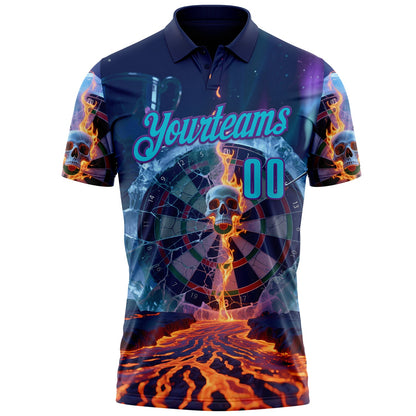 Custom Navy Lakes Blue-Purple Darts Fire And Ice Skull Dartboard Performance Polo Shirt