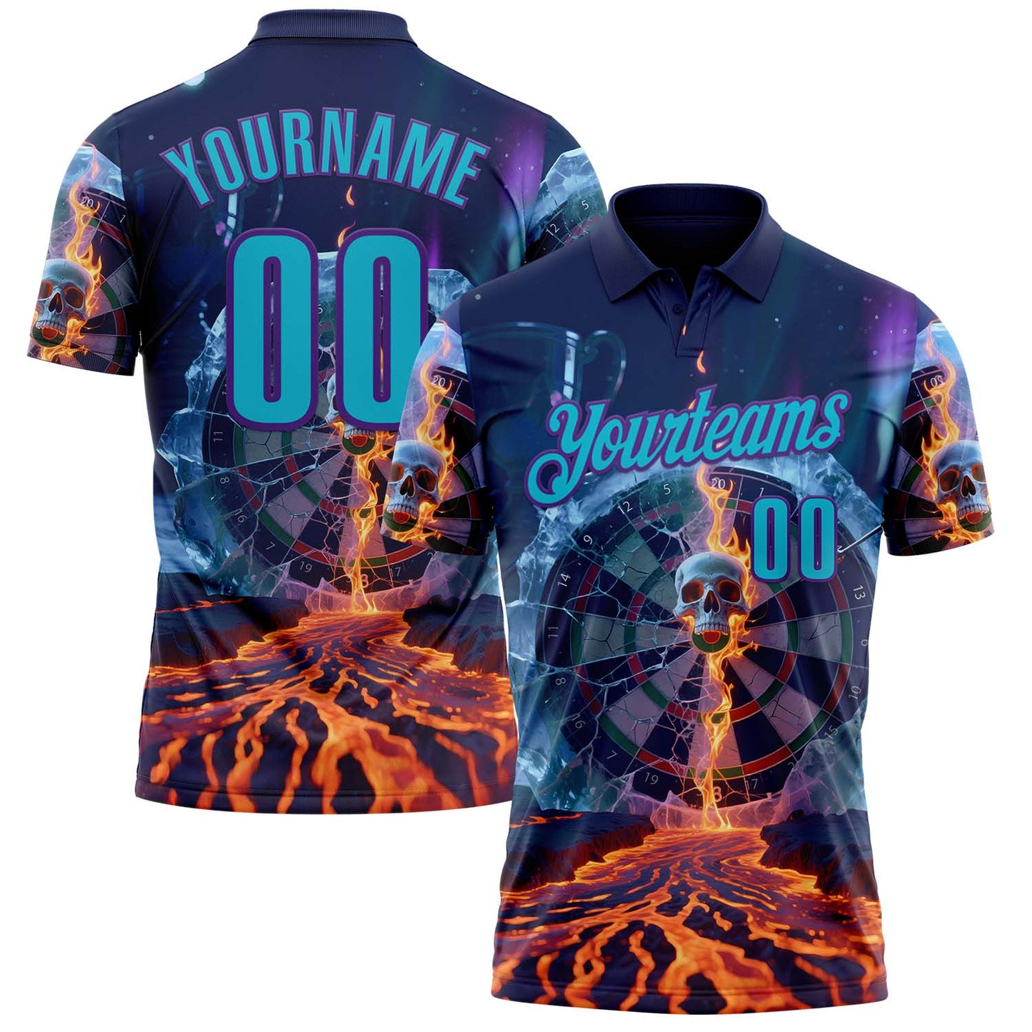 Custom Navy Lakes Blue-Purple Darts Fire And Ice Skull Dartboard Performance Polo Shirt