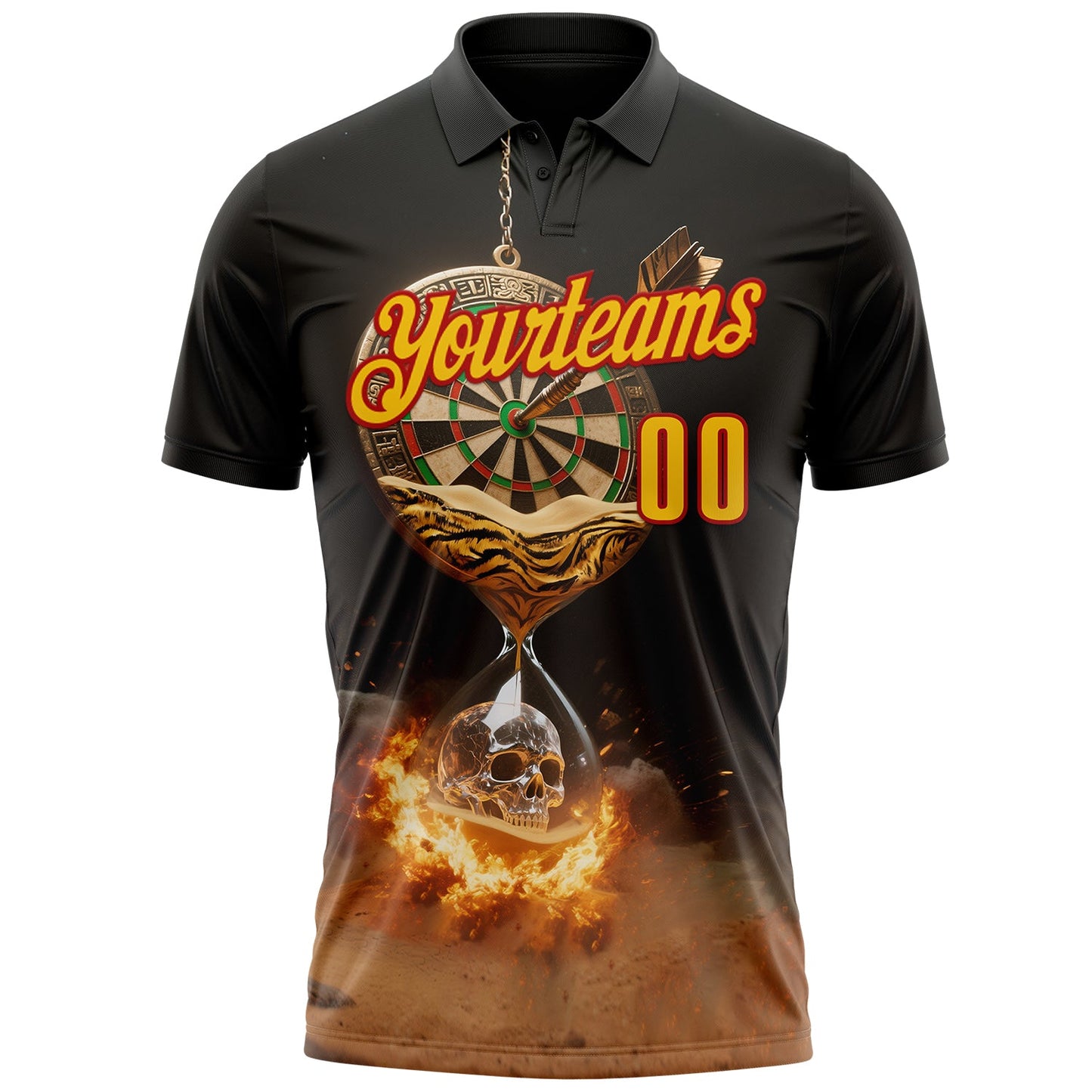Custom Black Yellow-Red Darts Hourglass Flame Skull Dartboard Performance Polo Shirt