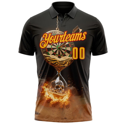 Custom Black Yellow-Red Darts Hourglass Flame Skull Dartboard Performance Polo Shirt
