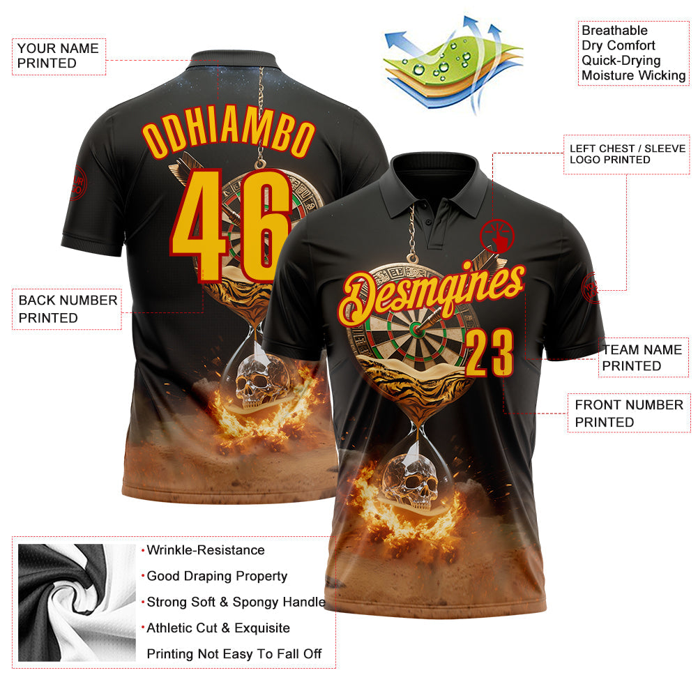 Custom Black Yellow-Red Darts Hourglass Flame Skull Dartboard Performance Polo Shirt