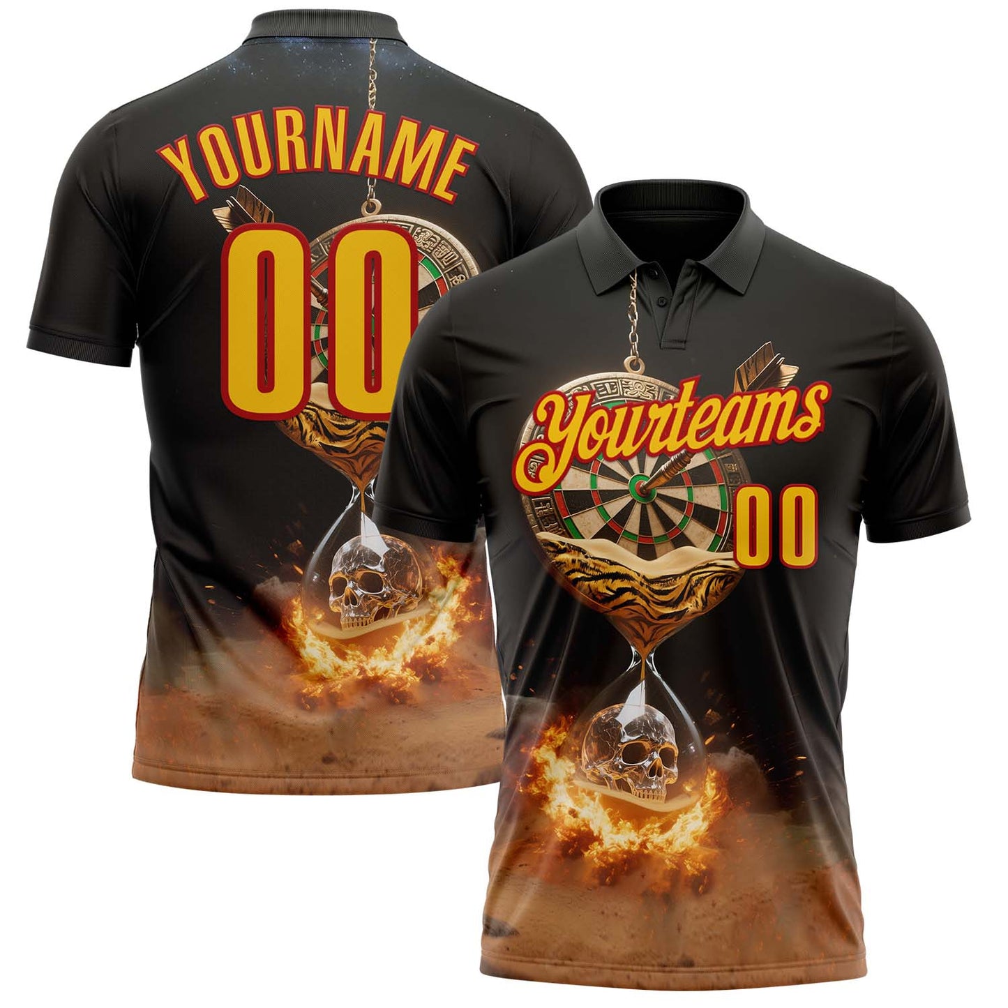 Custom Black Yellow-Red Darts Hourglass Flame Skull Dartboard Performance Polo Shirt